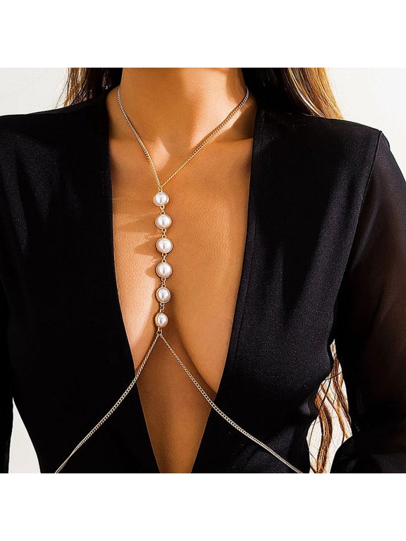 Sexy Bra Chain Cross Shiny Faux Pearls Golden Silver Color Boho Beach Bikini Chest Body Chain Necklace Club Accessories