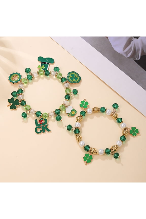 Shamrock Bracelet St. Patricks Day Irish Beaded Jewelry with Glass Beads And Charms Lucky Charm Bracelet for Festive Celebrations Elastic Clover Bracelet