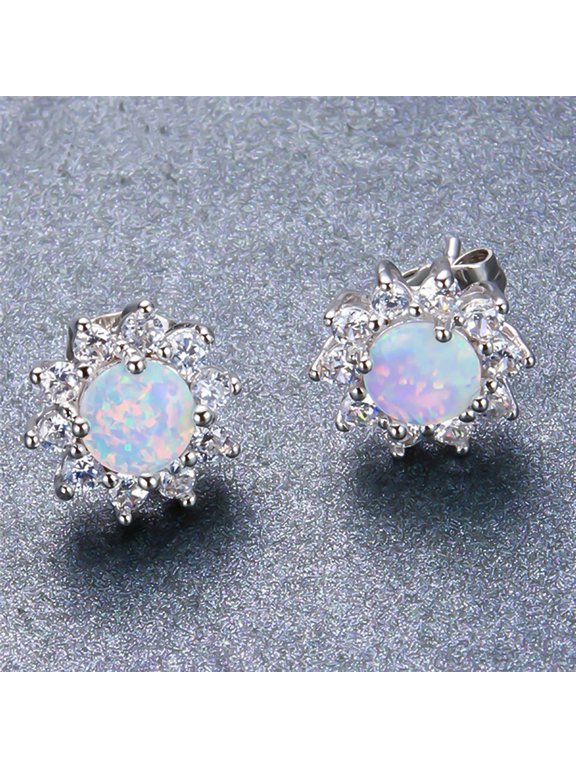 Shiny Round Faux Opal Crown Shape Charm Stud Earrings Women Party Jewelry Gift