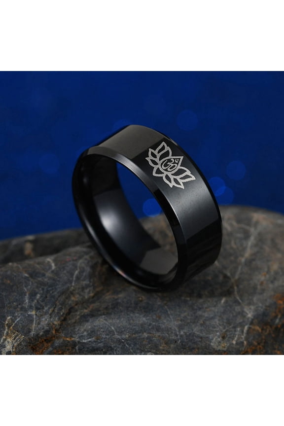 Simple Titanium Steel Unisex Yoga Om Lotus Pattern Finger Ring Band Jewelry