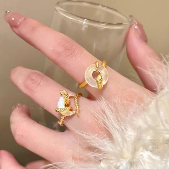SmartBy Snake Wrapped Ring Adjustable Opening Ring Moon Decor Golden Alloy Retro Style Ring Finger Jewelry New Year Gift