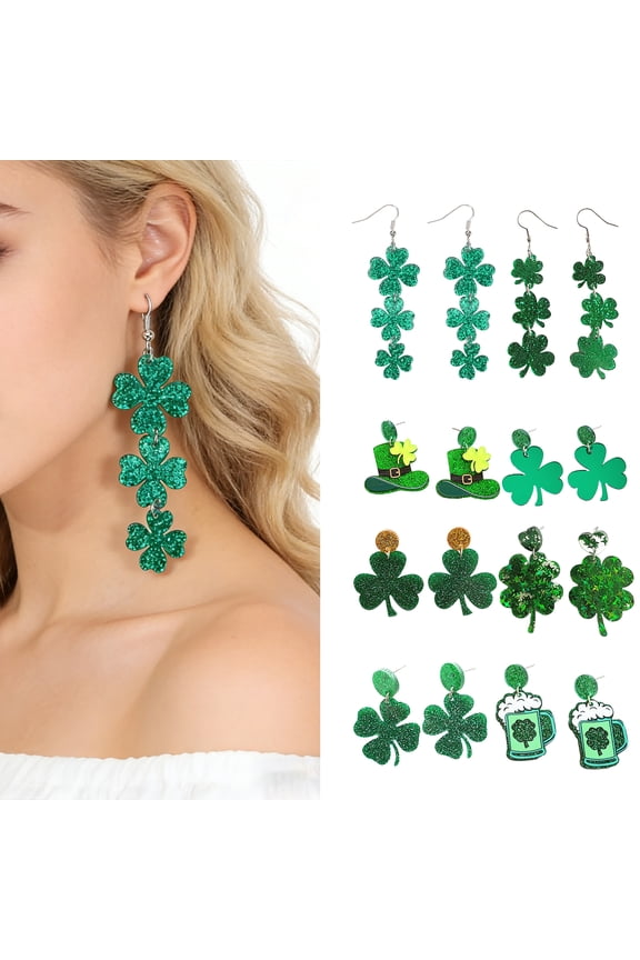 St Patricks Day Earrings Lightweight Acrylic Glitter Shamrock Earrings Sparkly Lucky Clover Dangle Drop Earrings for Women Holiday Party Accessories