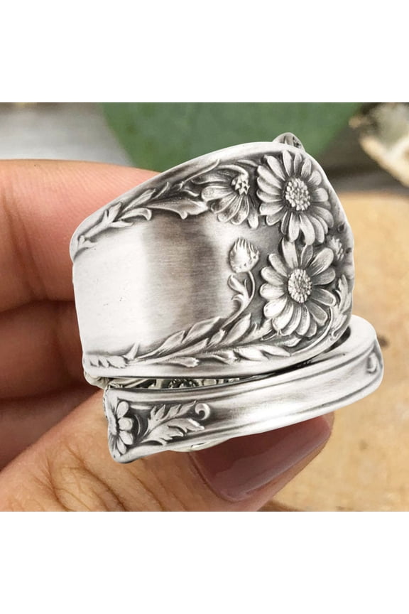 Sunflower Spoon Adjustable Ring Boho Vintage Finger Open Ring Extendable Wrap Bands for Women Men Jewelry
