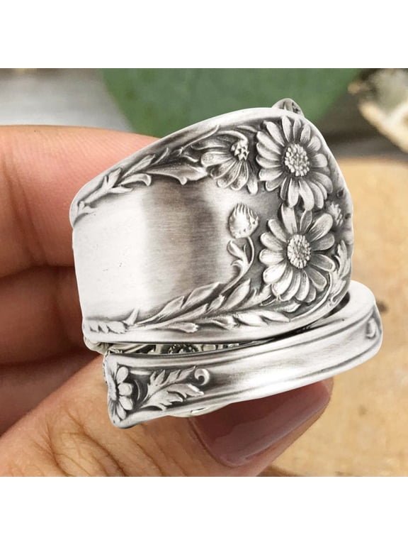 Sunflower Spoon Adjustable Ring Boho Vintage Finger Open Ring Extendable Wrap Bands for Women Men Jewelry