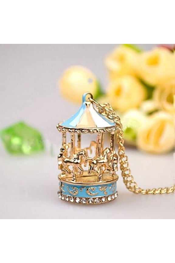 Sweet Enamel Carousel Merry Go Round Horse Charm Pendant Sweater Chain Necklace
