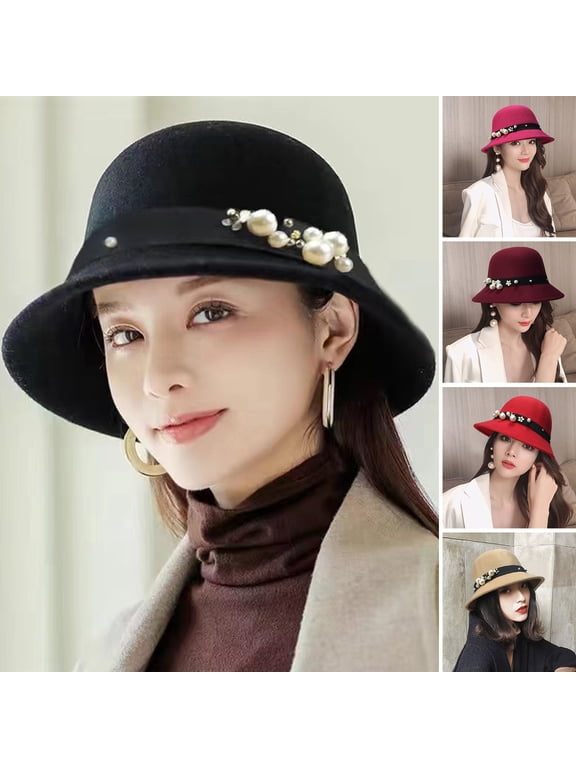 Top Hat British Style Faux Pearl Decor Down Brim Sunshading Round Top Decorate Retro Vintage Women Cloche Hat for Church