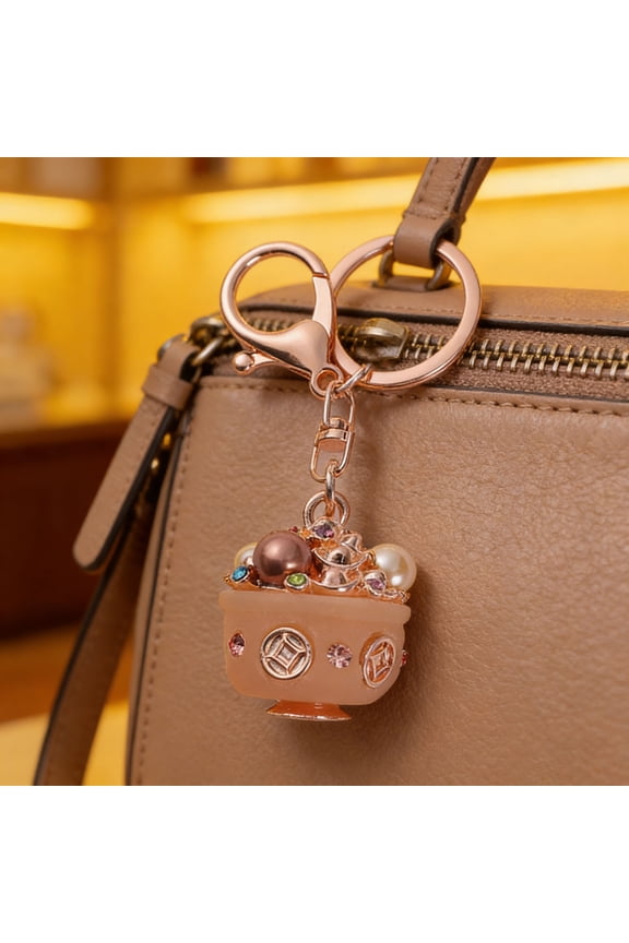 Treasure Bowl Keychain Rhinestone Wealth Charm with Key Ring Backpack Handbag Charm Keychain Gift for Men Women Friends