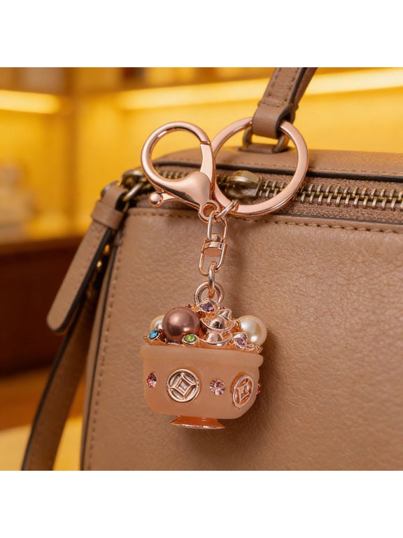 Treasure Bowl Keychain Rhinestone Wealth Charm with Key Ring Backpack Handbag Charm Keychain Gift for Men Women Friends