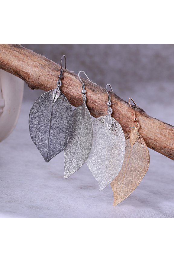 Tree Leaf Shape Alloy Hollow Bright Dangle Hook Earrings Fashion Jewelry for Wedding