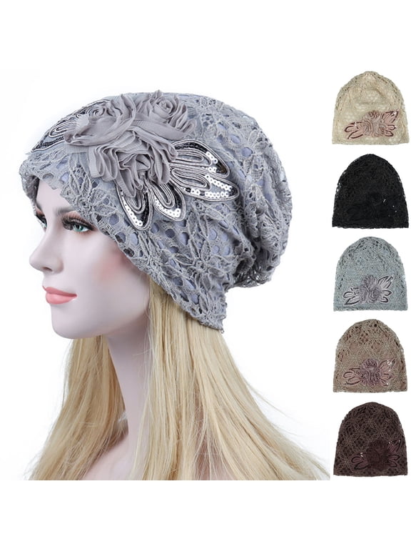 Turban Hat Double Layer Hollow Out Sequins Crochet Flower Baggy Cold Resistant Slouchy Autumn Winter Floral Lace Ladies Beanie Cap for Daily Life