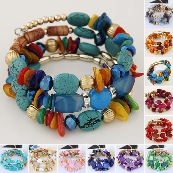 SmartBy Unisex Bracelet Alloy Irregular Shape Stones Multi-layered Stacking Retro Ethnic Bohemian Faux Turquoise Faux Agate Adjustable Elastic Cord Wrist Jewelry