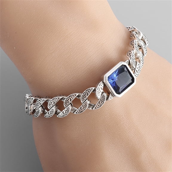 SmartBy Unisex Bracelet Hollow Out Thick Chain Blue Rhinestone Vintage Style Polished Alloy Bangle Couple Individual Wrist Jewelry