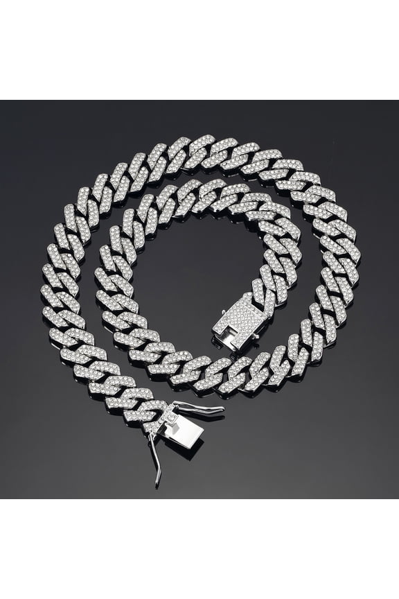 Unisex Bracelet Rhinestone Decor Thick Rhombus Chain Luster Zinc Alloy Adult Neck Wrist Jewelry Club Party Holiday Gift Necklace