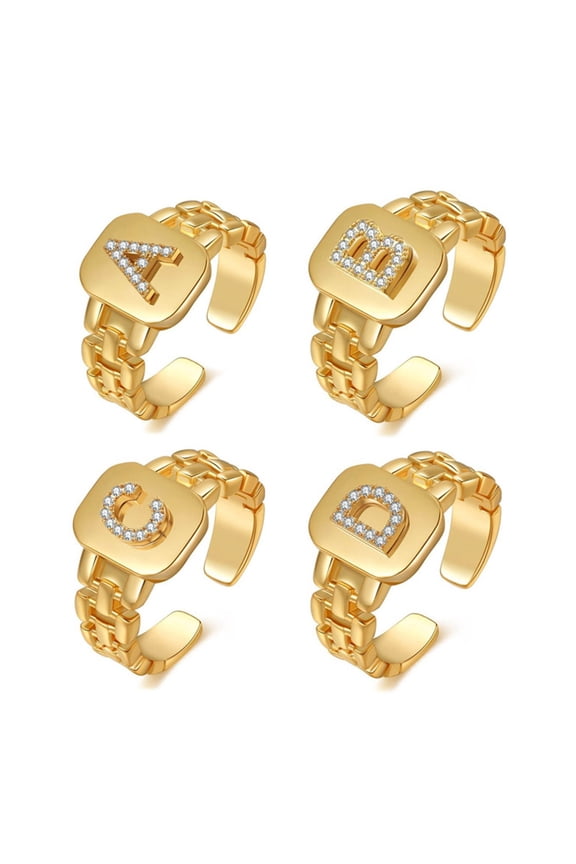 Unisex Ring Wide Opening Adjustable Rhinestone 26 Letters Finger Ring Jewelry Accessories