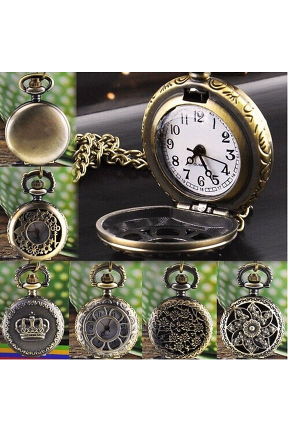 Unisex Vintage Hollow Crown Bronze Quartz Pocket Dress Watch Pendant Necklace