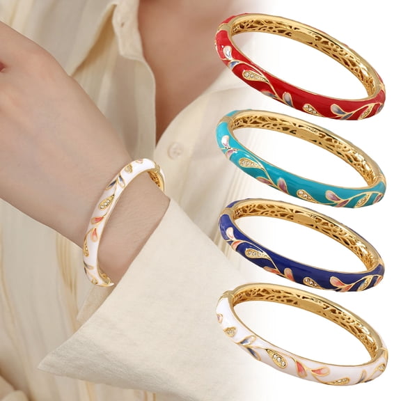 SmartBy Vintage Cloisonne Bangle Hollow Out Engraved Floral Enamel Retro Ethnic Style Smooth Rhinestone Decor Triple Protection Magnetic Ring Handcrafted Bracelet