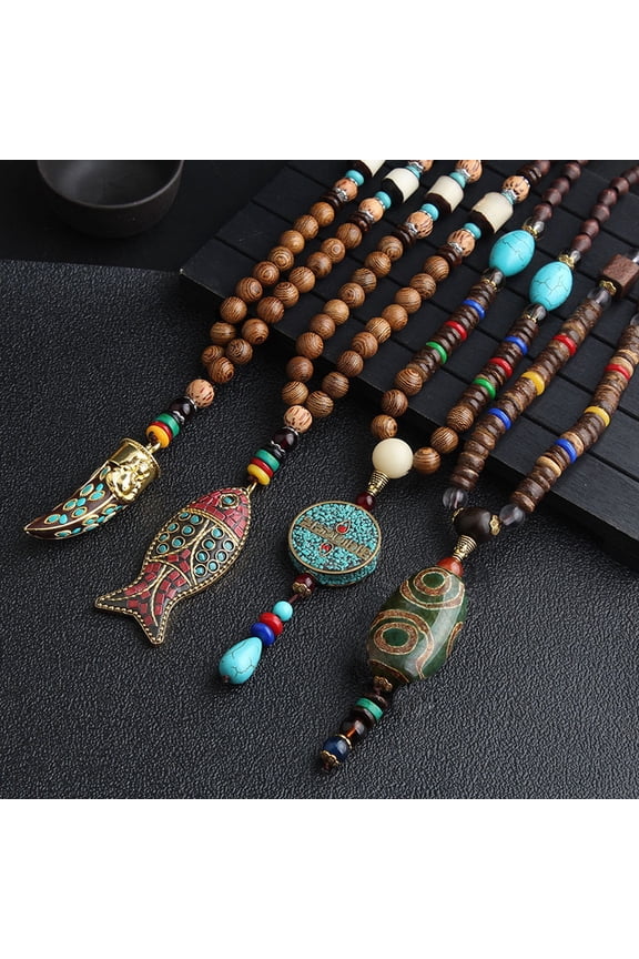 Vintage Ethnic Style Pendant Necklace Wood Beaded Handmade Women Sweater Necklace Jewelry Gift Fashion Accessories