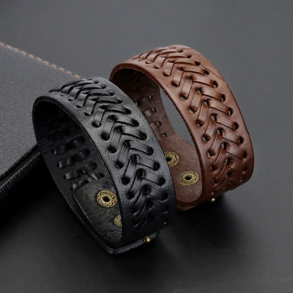 SmartBy Vintage Men Faux Leather Wide Braided Bracelet Cuff Button Wristband Bangle