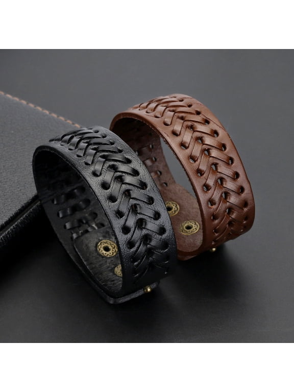 Vintage Men Faux Leather Wide Braided Bracelet Cuff Button Wristband Bangle