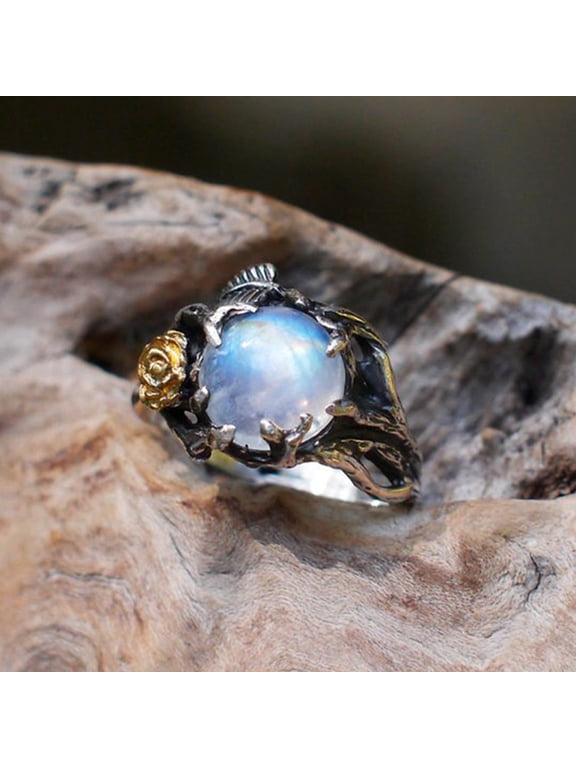 Vintage Round Faux Moonstone Inlaid Rose Leaves Women Ring Party Jewelry Decor
