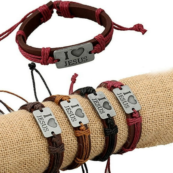 SmartBy Vintage Unisex Faux Leather Bracelet Alloy I Love Jesus Letters Decor Rope Bangle