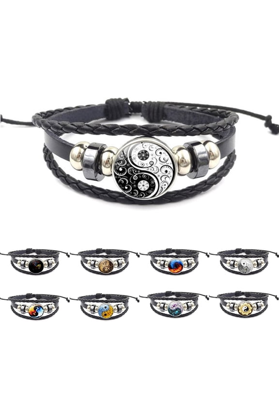 Vintage Unisex Yin Yang Pattern Multi-layer Faux Leather Adjustable Bracelet
