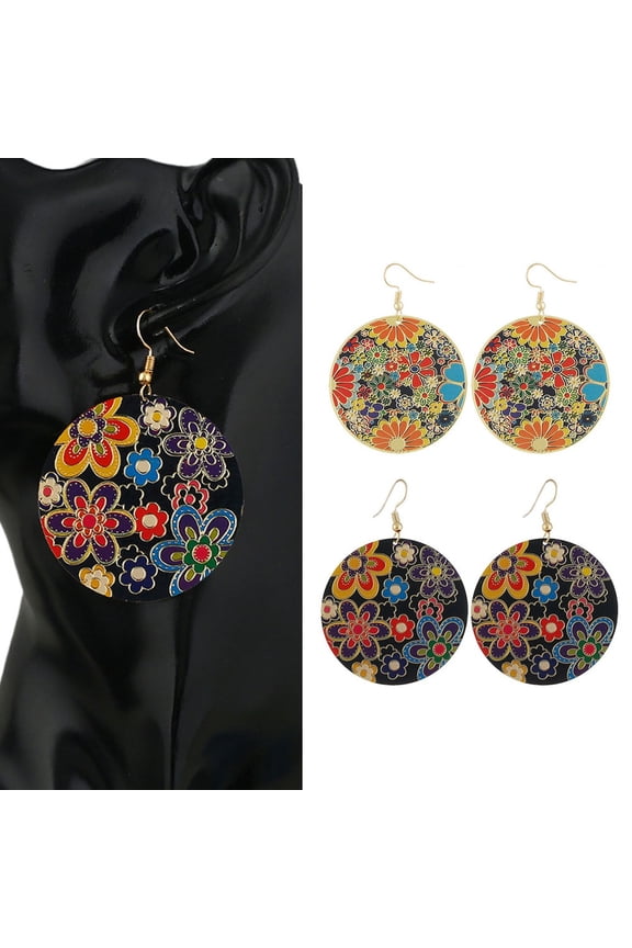 Vintage Women Colorful Flower Paint Round Drop Dangle Hook Earrings Club Jewelry