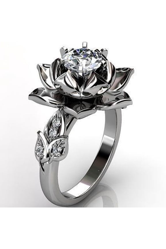 Vintage Women Rhinestone Inlaid Water Lily Flower Finger Ring Party Jewelry Gift