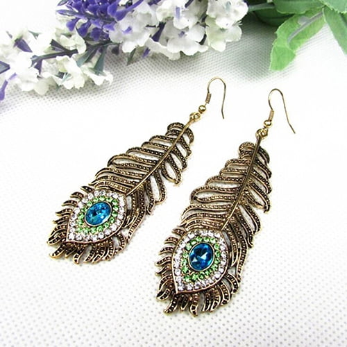 SmartBy Vintage Women Rhinestone Peacock Eye Feather Dangle Hook Earrings Jewelry