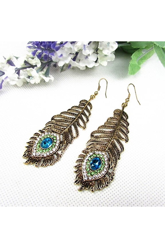 Vintage Women Rhinestone Peacock Eye Feather Dangle Hook Earrings Jewelry