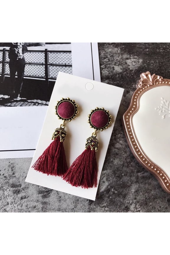 Vintage Women Tassel Fringed Drop Round Ear Stud Earrings Statement Jewelry