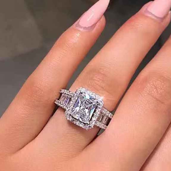 SmartBy Wedding Band Shining Square Rhinestone Hypoallergenic Geometric Western Style Decorate Accessory Inlay Zircon Wide Band Ring Women Jewelry