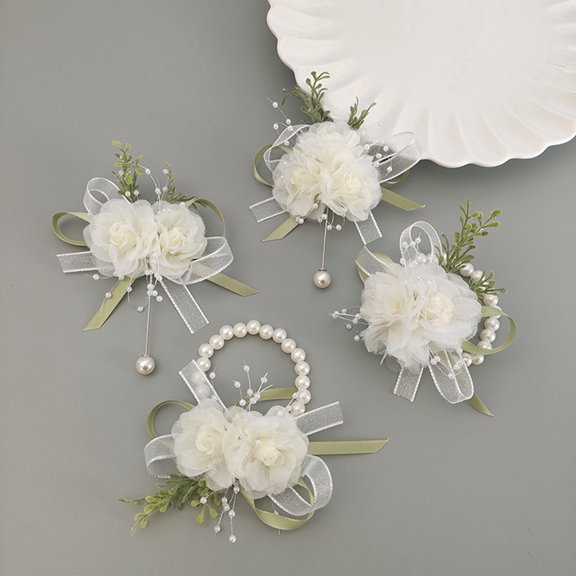 SmartBy Wedding Bracelet Forest Style Breast Flower Faux Peral Tassel Bow Fake Floral Decor Wrist Flower Wedding Party Prom Bridesmaid Bride Corsage