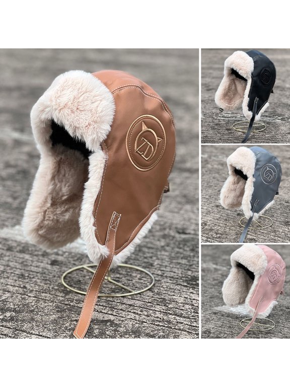 Winter Women Bomber Hat Plush Lining Solid Color Ear Protection Fluffy Windproof Letter Embroidery Earflap Hat for Outdoor