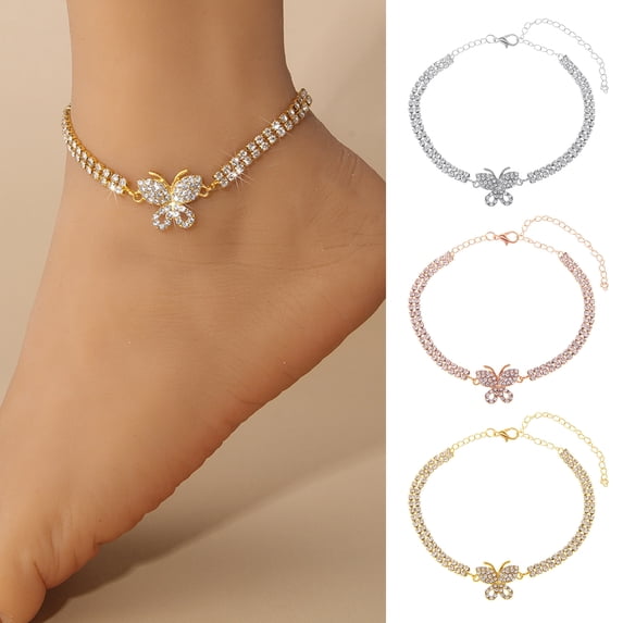SmartBy Women Anklet Double-layered Shiny Rhinestone Adjustable Length Butterfly Ankle Decoration Jewelry Party Beach Daily Ankle Chain Anniversary Birthday Gift