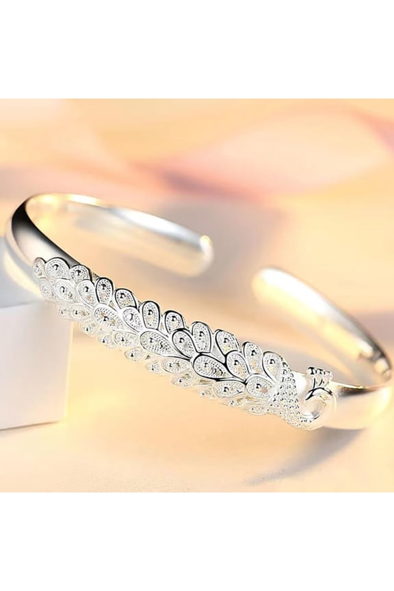 Women Bangle 3D Peacock Emboss Adjustable Circumference Smooth Finish Wrist Jewelry Birthday Holiday Gift Open Bracelet