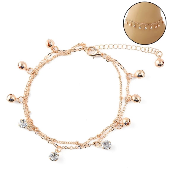 SmartBy Women Bell Rhinestone Charm Double Layer Anklet Foot Bracelet Beach Jewelry