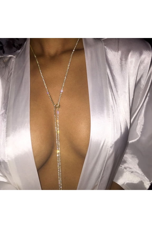 Women Bling Rhinestone Long Cup Chain Tie Up Choker Evening Party Necklace Gift