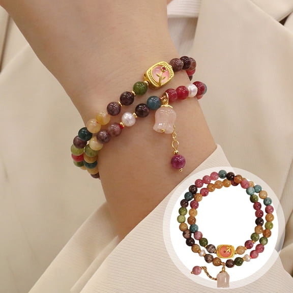 SmartBy Women Bracelet Colorful Smooth Vintage Aexquisite Elastic Luxury Lightweight Bracelet Faux Pearl Faux Tourmaline Release Stress Enhance Well-being Lady Lightweight Bracelet