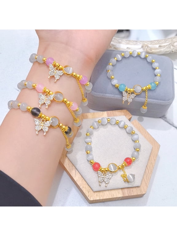 Women Bracelet with Elastic Cord Butterfly Pendant Tassel Faux Opal Contrast Color Good Fortune Symbolization Bestie Birthday Gift Wrist Jewelry