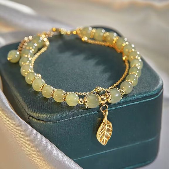 SmartBy Women Bracelet Faux Jade Smooth Bead Leaf Pendant Double-layered Adjustable Length Rhinestone Lady Bangle Prom Daily Wrist Jewelry