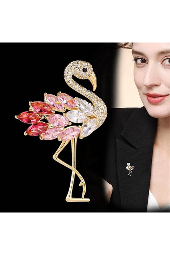 Women Brooch Flamingo Shape Rhinestone Decor Anti-slip Wear-resistant Suit Coat Collar Hat Scarf Decoration Clothes Pin Prom Party Garment Jewelry