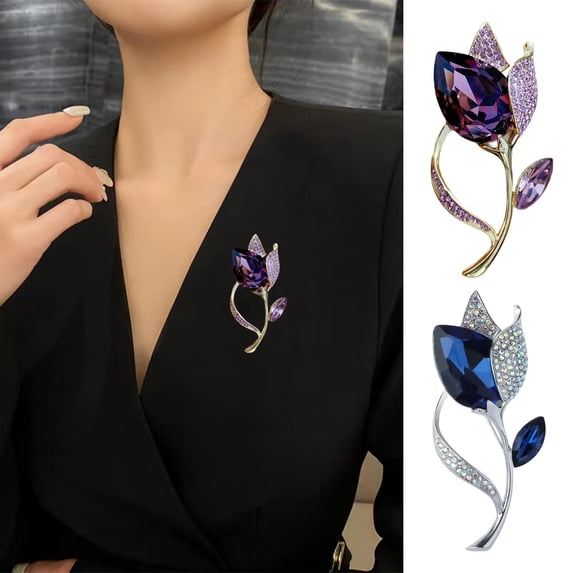 SmartBy Women Brooch High-Gloss Rhinestone Inlay Sparkling Tulip Design Lapel Pin Non-Slip Buckle Scarf Badge Clothing Bags Accessories
