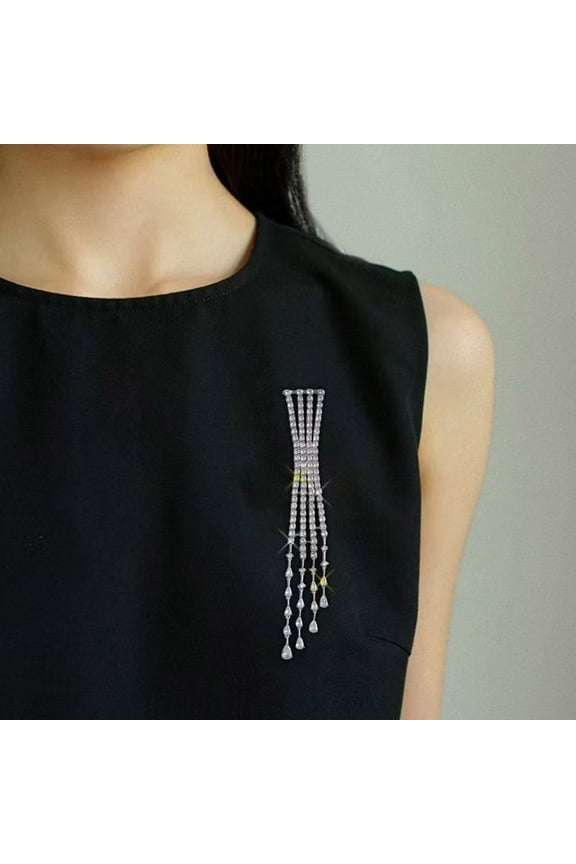 Women Brooch Sparkling Faux Crystal Inlaid Brooch Pin Long Spike Design Geometric Shoulder Chain Party Accessory