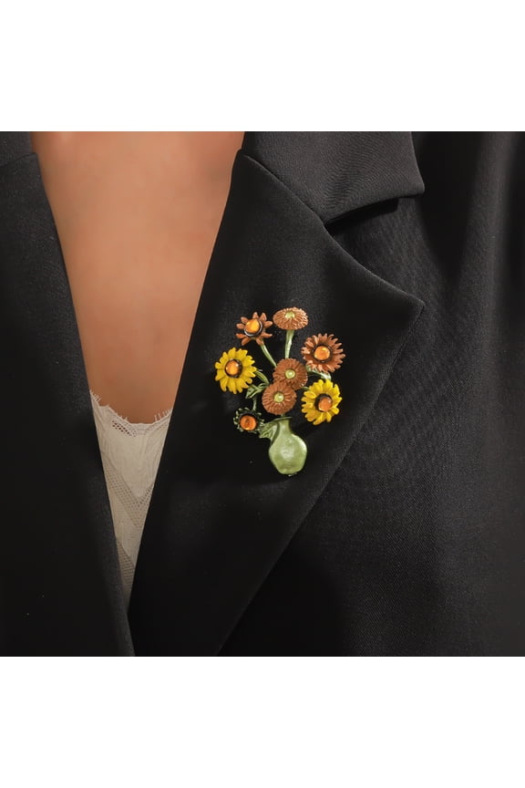 Women Brooch Sunflower Vase Shape Enamel Vintage Anti-slip Suit Coat Collar Hat Scarf Decoration Clothes Pin Prom Party Garment Jewelry
