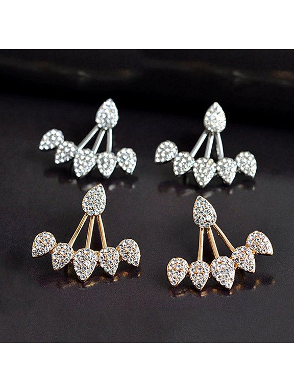 Women Chic Waterdrop Rhinestone Front Back Ear Jacket Piercing Stud Earrings