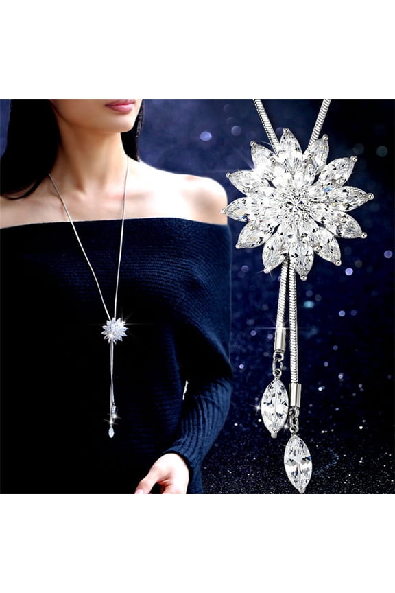 Women Double Layer Rhinestone Inlaid Lotus Tassel Long Chain Necklace Jewelry