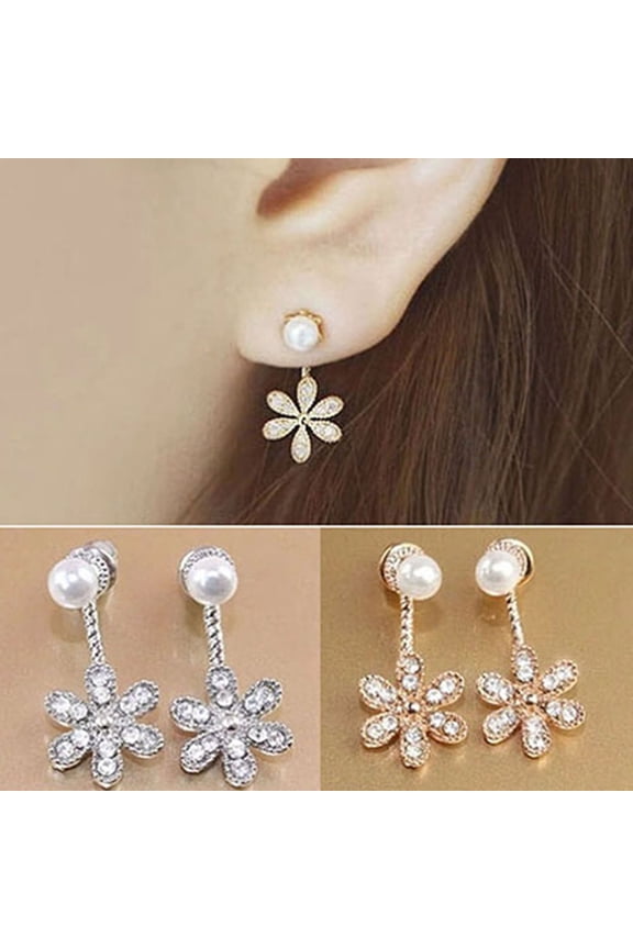 Women Earrings Shiny Anti-rust Alloy Rhinestone Flower Faux Pearl Ear Studs for Shopping