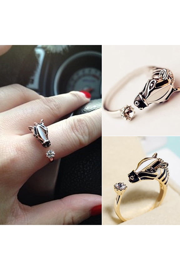 Women Fashion Horse Head Rhinestone Opening Finger Ring for Party Club