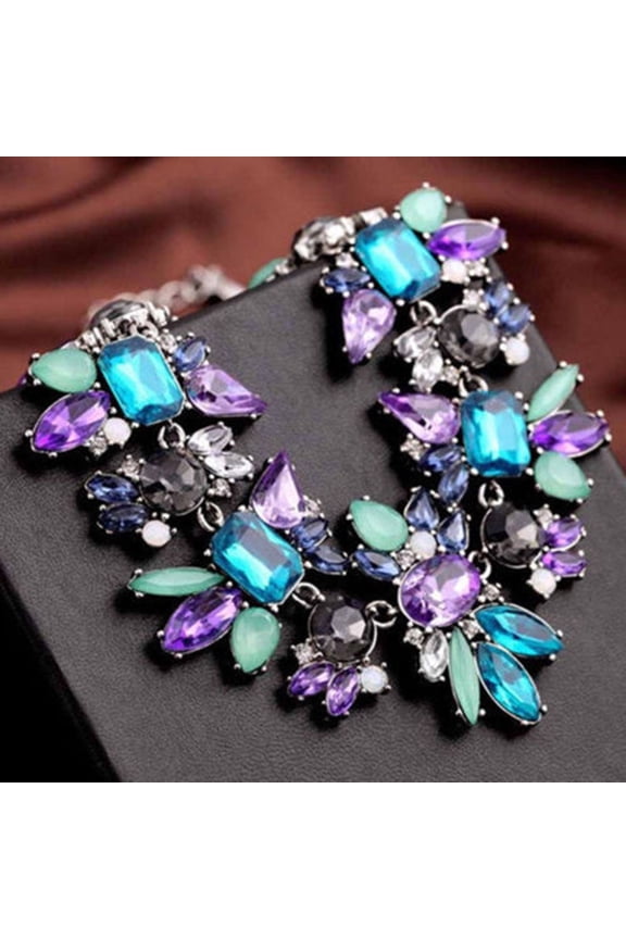 Women Fashion Jewelry Statement Bib Collar Colorful Rhinestone Chain Necklace